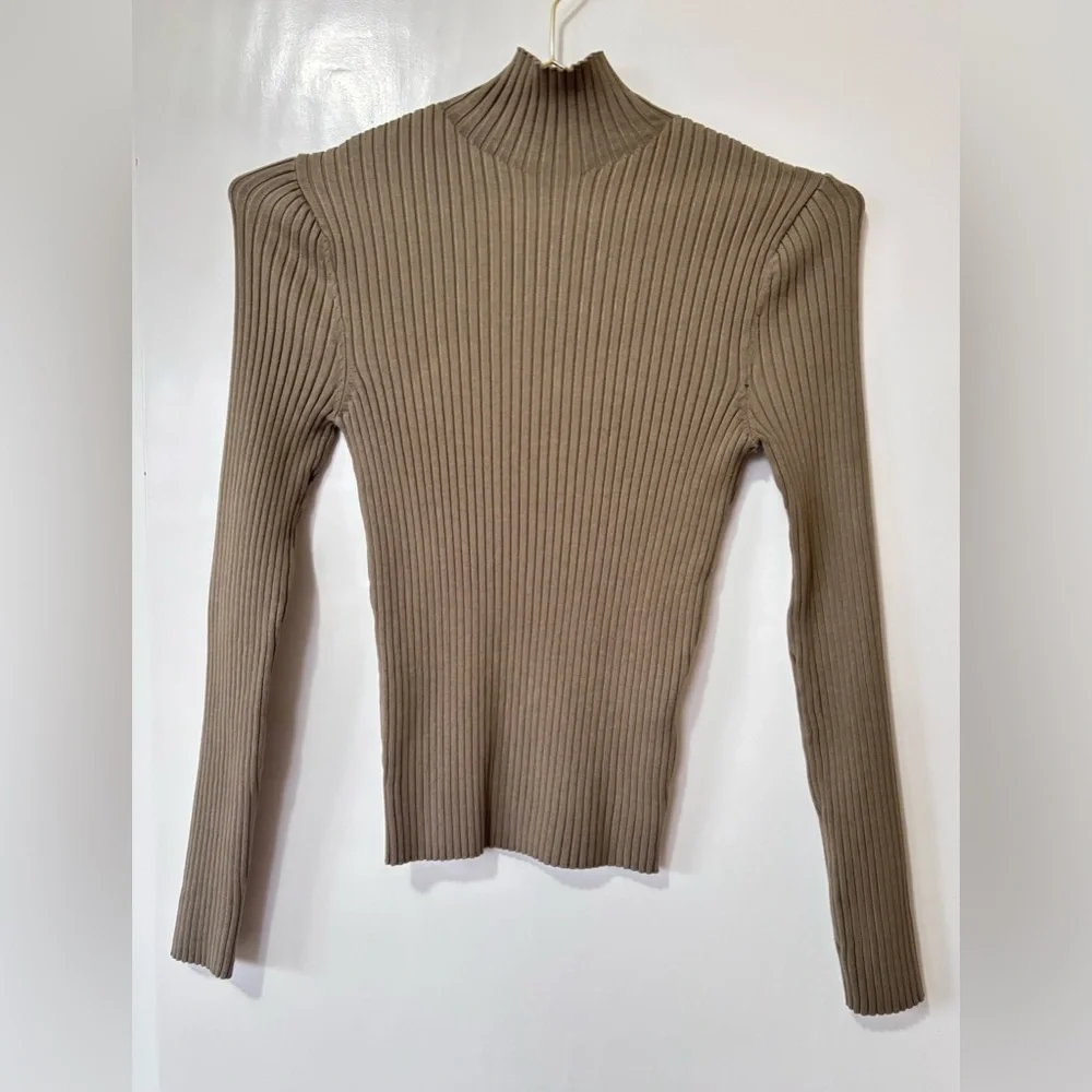 Zara| Taupe Ribbed Turtleneck Bodycon Fitted Long Sleeved Knit Top Sz M - Picture 2 of 6